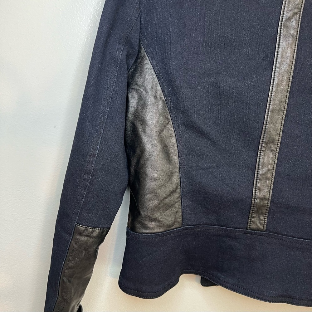Kiind of Thalia faux leather two toned jacket Sz L Navy Black Cotton Chic City - Picture 11 of 14